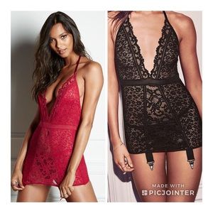 Victoria’s Secret Plunge Halter Garter Slip Corset Red S Lace NWT